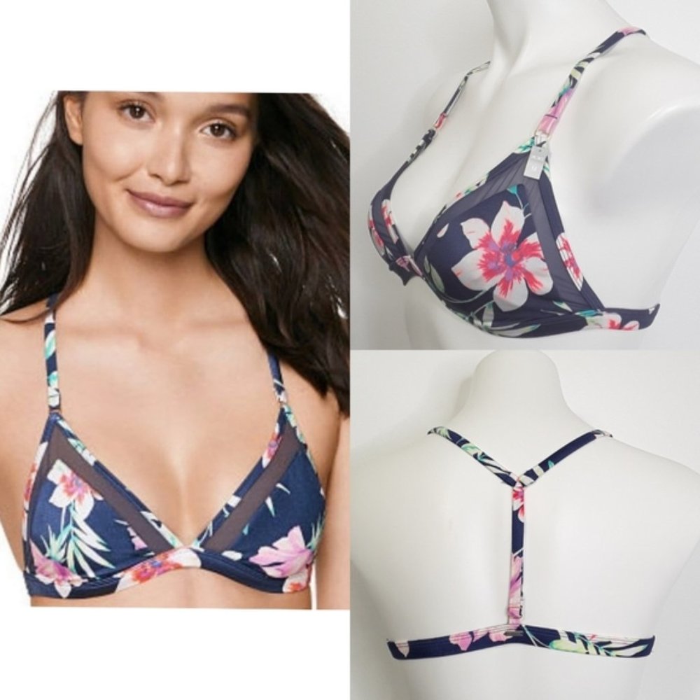 PINK Blue Floral Shine & Mesh Triangle Bralette NWT sz M